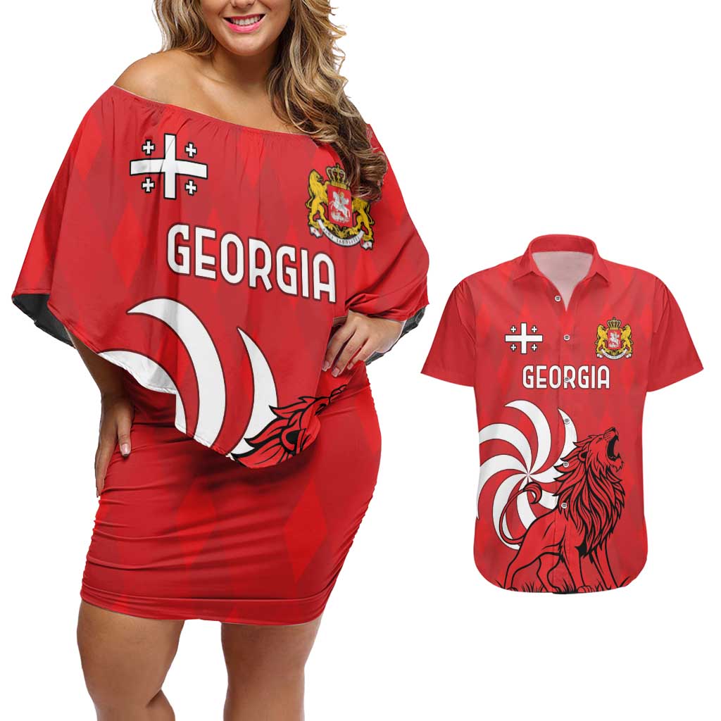 Personalized Georgia Couples Matching Off Shoulder Short Dress and Hawaiian Shirt Lion Borjgali
