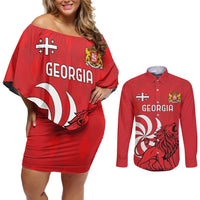 Personalized Georgia Couples Matching Off Shoulder Short Dress and Long Sleeve Button Shirt Lion Borjgali