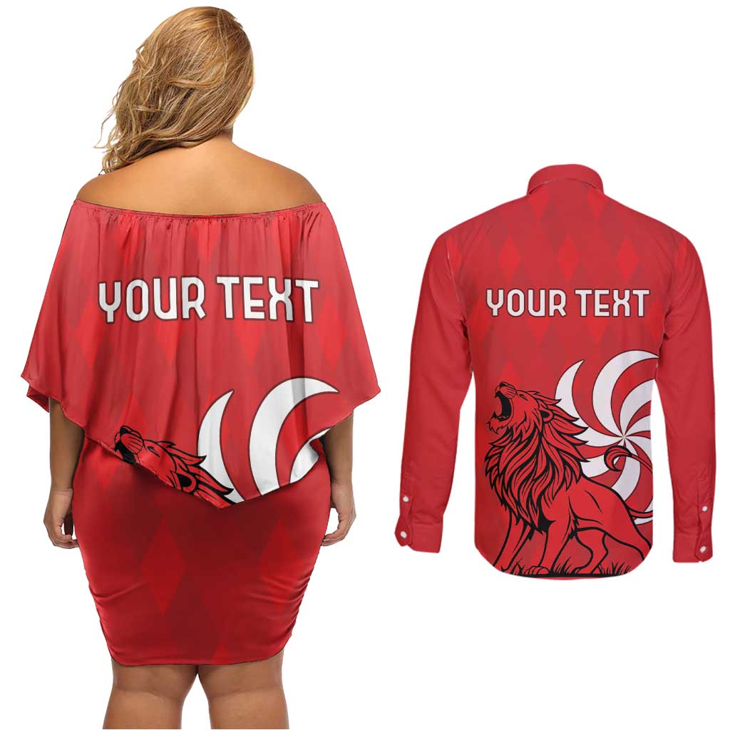 Personalized Georgia Couples Matching Off Shoulder Short Dress and Long Sleeve Button Shirt Lion Borjgali