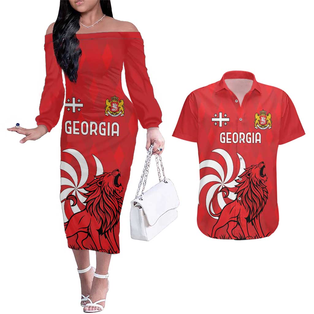 Personalized Georgia Couples Matching Off The Shoulder Long Sleeve Dress and Hawaiian Shirt Lion Borjgali