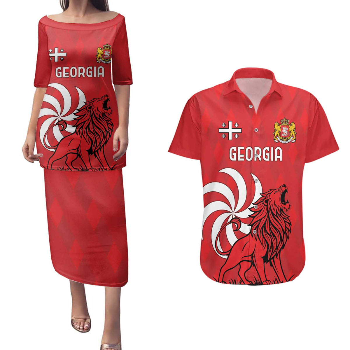 Personalized Georgia Couples Matching Puletasi and Hawaiian Shirt Lion Borjgali