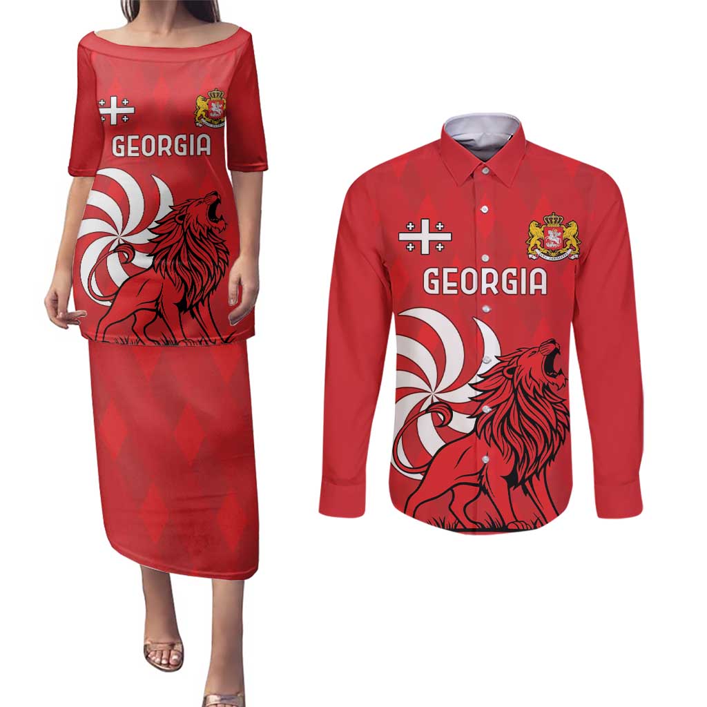 Personalized Georgia Couples Matching Puletasi and Long Sleeve Button Shirt Lion Borjgali