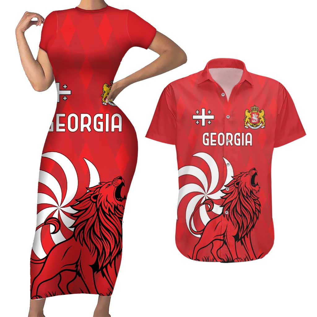 Personalized Georgia Couples Matching Short Sleeve Bodycon Dress and Hawaiian Shirt Lion Borjgali