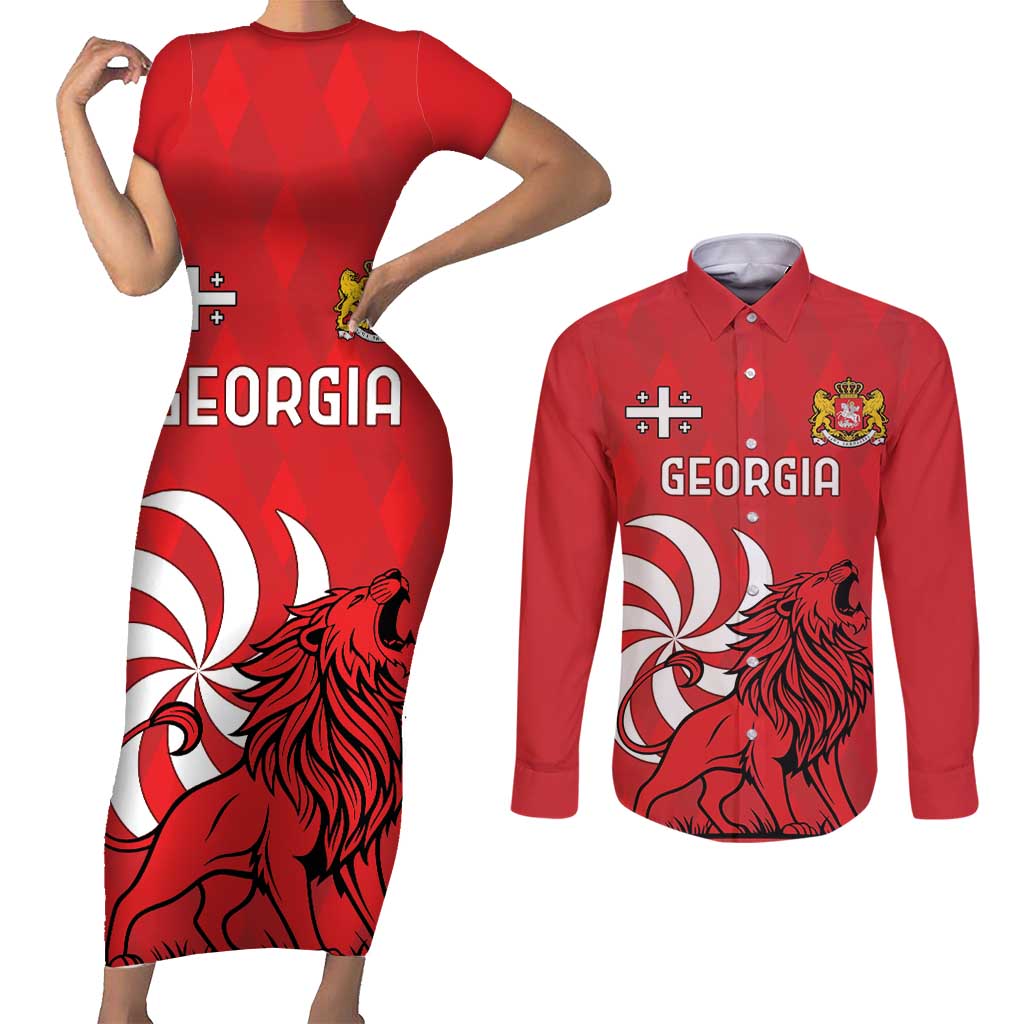 Personalized Georgia Couples Matching Short Sleeve Bodycon Dress and Long Sleeve Button Shirt Lion Borjgali