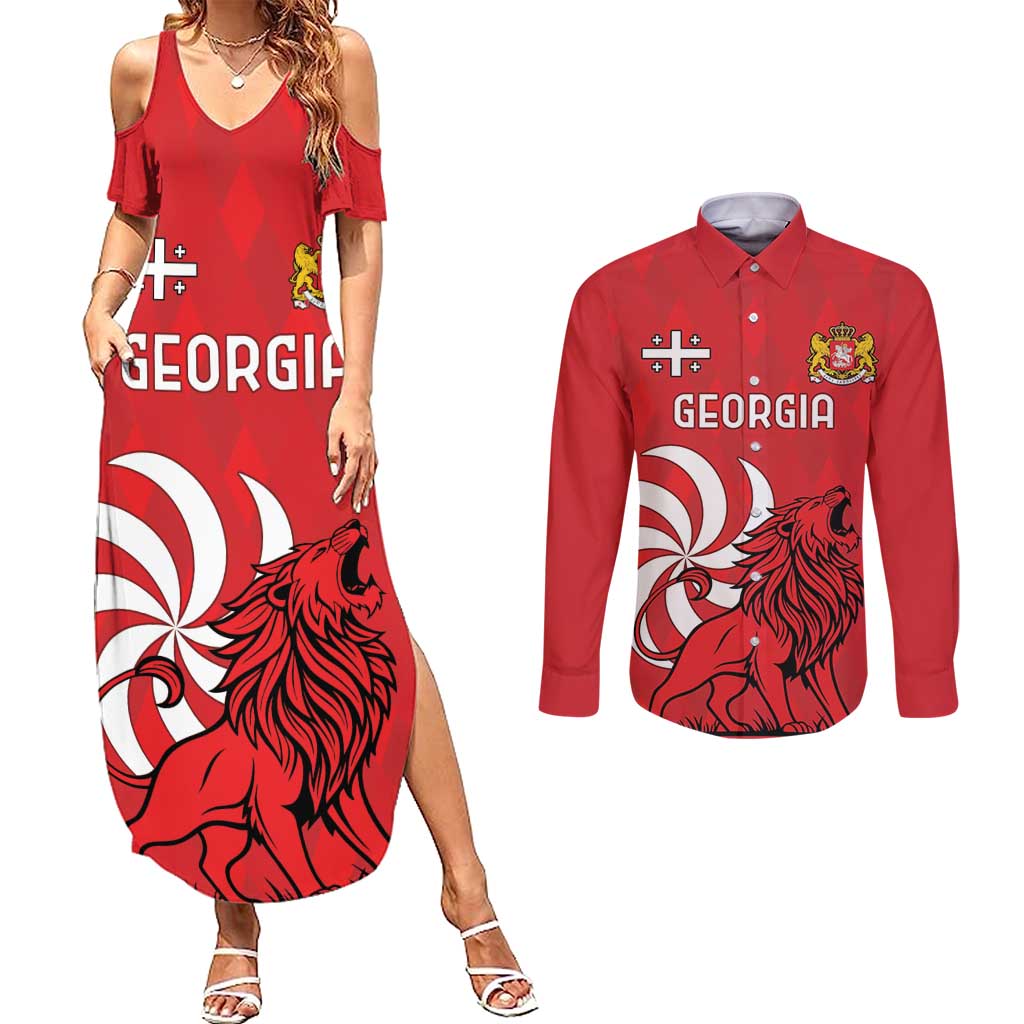 Personalized Georgia Couples Matching Summer Maxi Dress and Long Sleeve Button Shirt Lion Borjgali