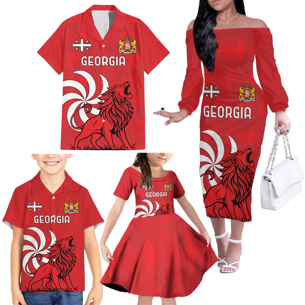 Personalized Georgia Family Matching Off The Shoulder Long Sleeve Dress and Hawaiian Shirt Lion Borjgali