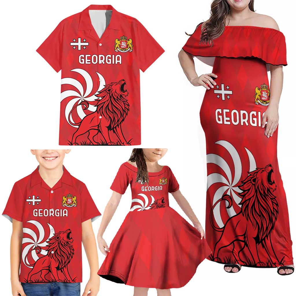 Personalized Georgia Family Matching Off Shoulder Maxi Dress and Hawaiian Shirt Lion Borjgali