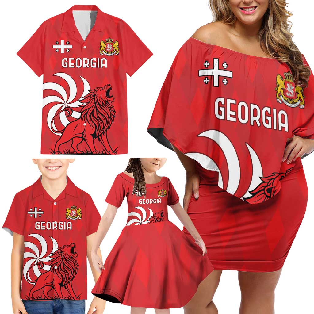 Personalized Georgia Family Matching Off Shoulder Short Dress and Hawaiian Shirt Lion Borjgali