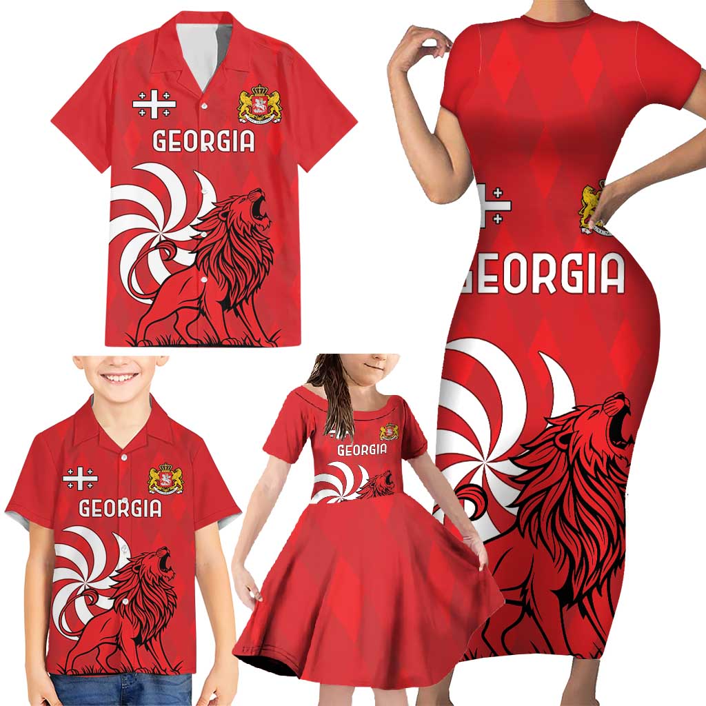 Personalized Georgia Family Matching Short Sleeve Bodycon Dress and Hawaiian Shirt Lion Borjgali