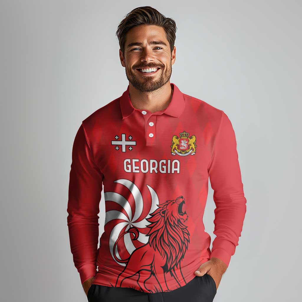 Personalized Georgia Long Sleeve Polo Shirt Lion Borjgali - Wonder Print Shop