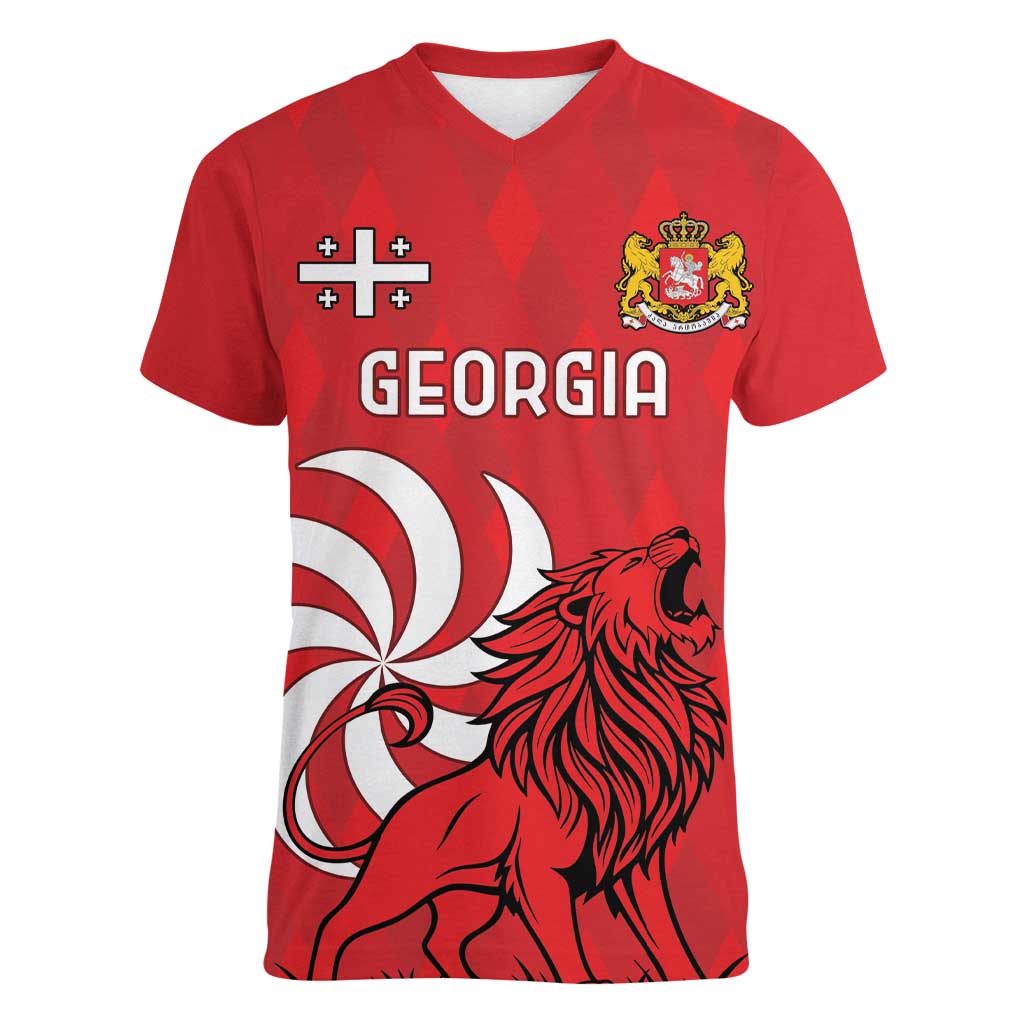 Personalized Georgia Women V-Neck T-Shirt Lion Borjgali - Wonder Print Shop