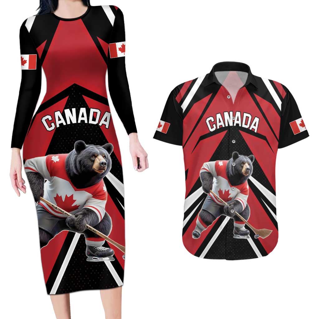 Custom Canada Hockey Couples Matching Long Sleeve Bodycon Dress and Hawaiian Shirt Black Bear Playing Ice Hockey