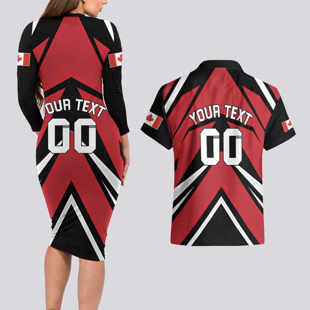 Custom Canada Hockey Couples Matching Long Sleeve Bodycon Dress and Hawaiian Shirt Black Bear Playing Ice Hockey