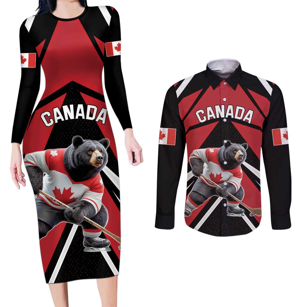 Custom Canada Hockey Couples Matching Long Sleeve Bodycon Dress and Long Sleeve Button Shirt Black Bear Playing Ice Hockey