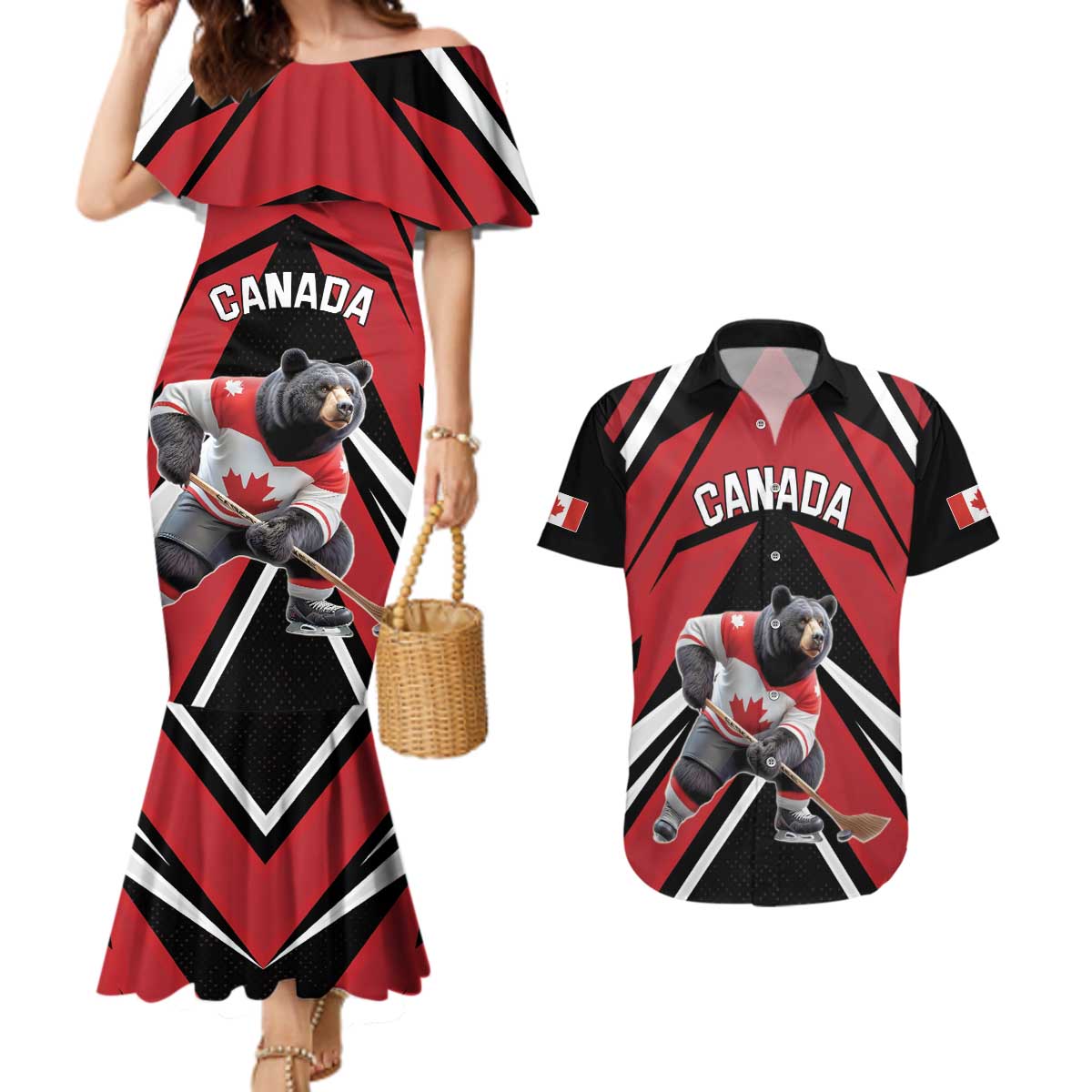 Custom Canada Hockey Couples Matching Mermaid Dress and Hawaiian Shirt Black Bear Playing Ice Hockey