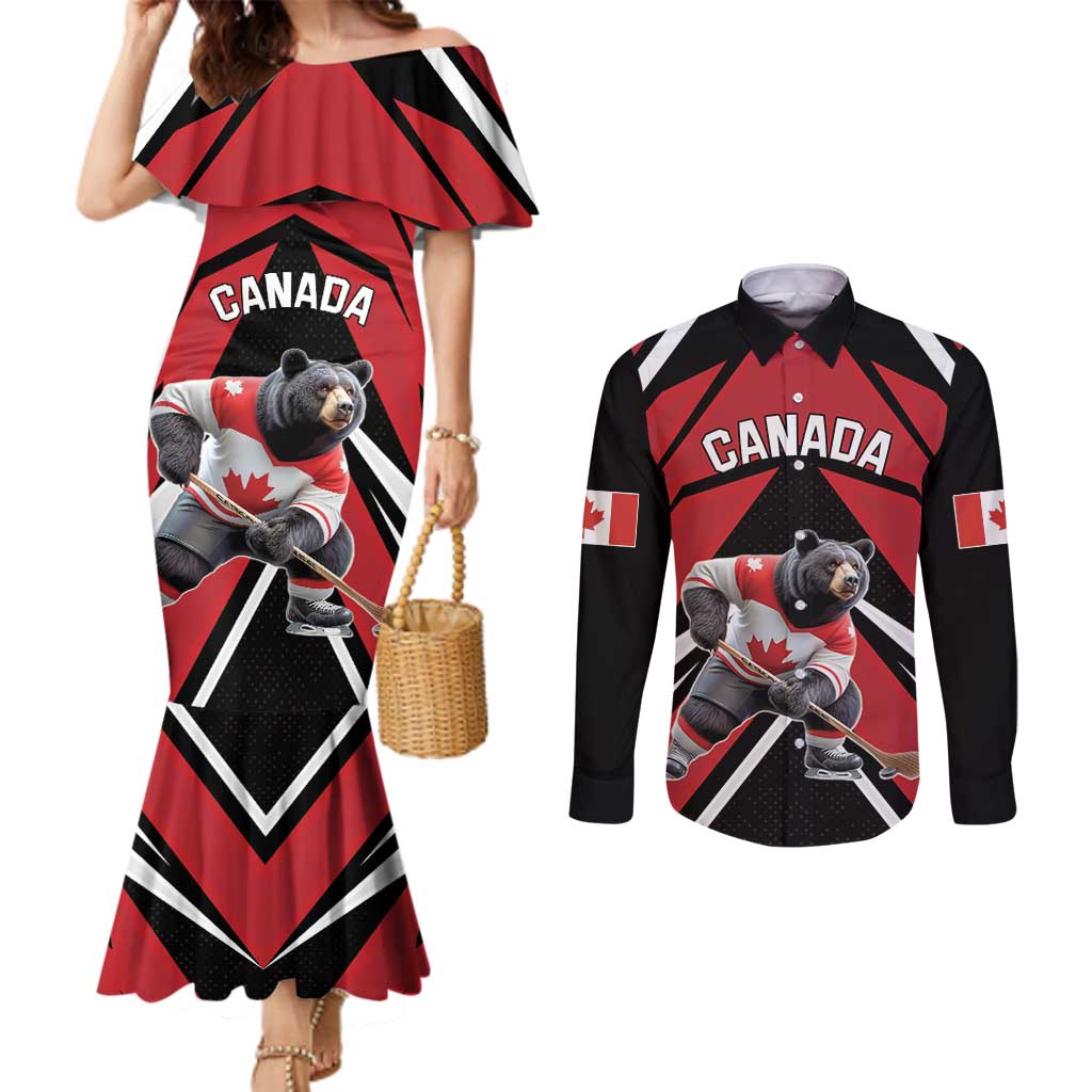 Custom Canada Hockey Couples Matching Mermaid Dress and Long Sleeve Button Shirt Black Bear Playing Ice Hockey