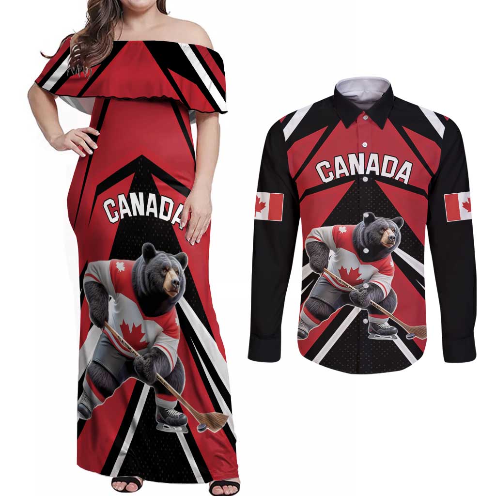 Custom Canada Hockey Couples Matching Off Shoulder Maxi Dress and Long Sleeve Button Shirt Black Bear Playing Ice Hockey