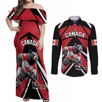 Custom Canada Hockey Couples Matching Off Shoulder Maxi Dress and Long Sleeve Button Shirt Black Bear Playing Ice Hockey
