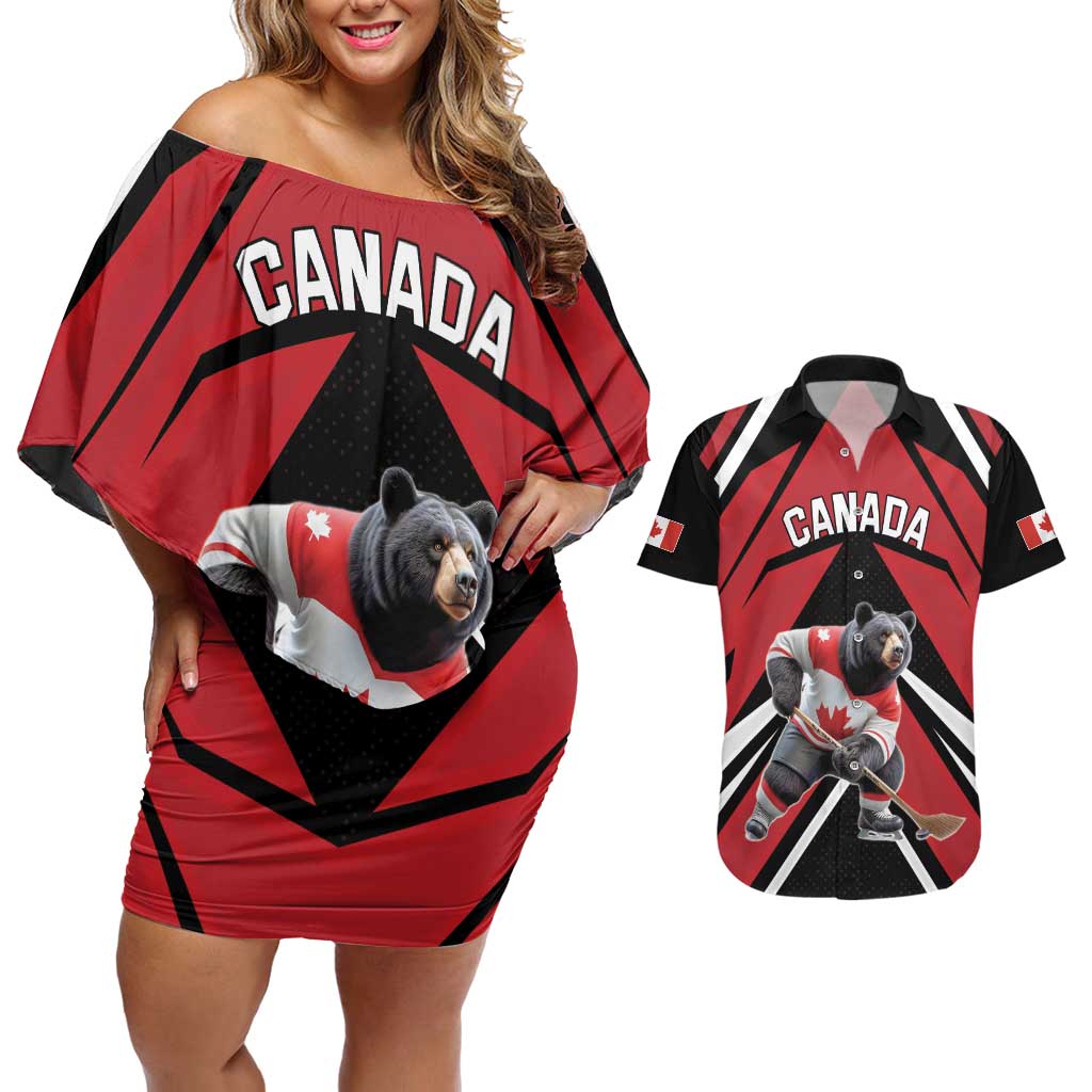 Custom Canada Hockey Couples Matching Off Shoulder Short Dress and Hawaiian Shirt Black Bear Playing Ice Hockey