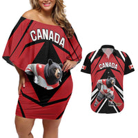 Custom Canada Hockey Couples Matching Off Shoulder Short Dress and Hawaiian Shirt Black Bear Playing Ice Hockey