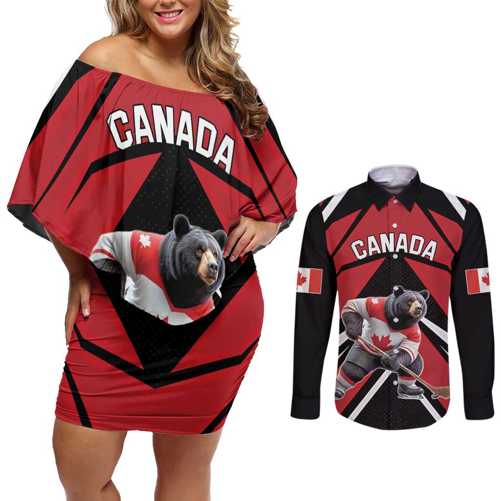 Custom Canada Hockey Couples Matching Off Shoulder Short Dress and Long Sleeve Button Shirt Black Bear Playing Ice Hockey