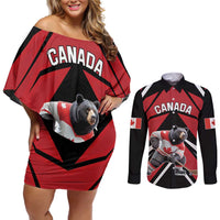 Custom Canada Hockey Couples Matching Off Shoulder Short Dress and Long Sleeve Button Shirt Black Bear Playing Ice Hockey