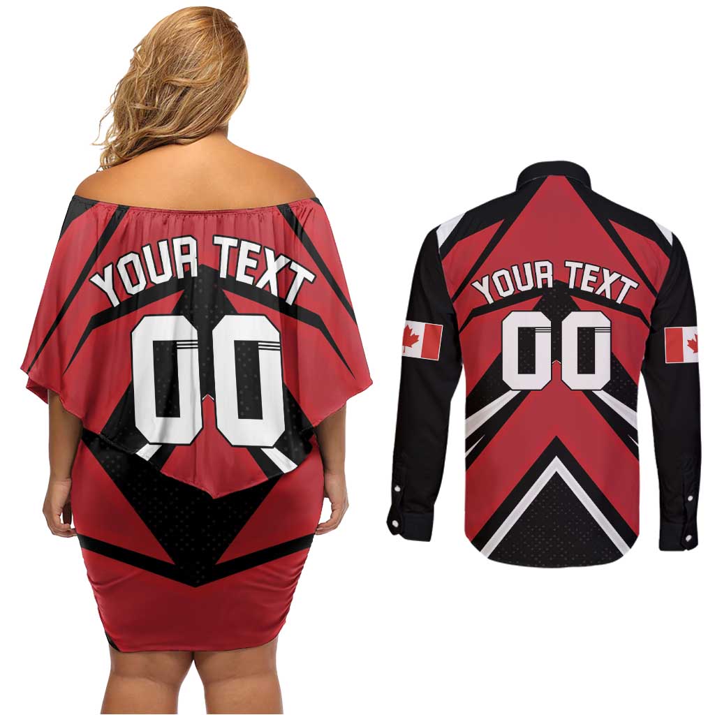 Custom Canada Hockey Couples Matching Off Shoulder Short Dress and Long Sleeve Button Shirt Black Bear Playing Ice Hockey