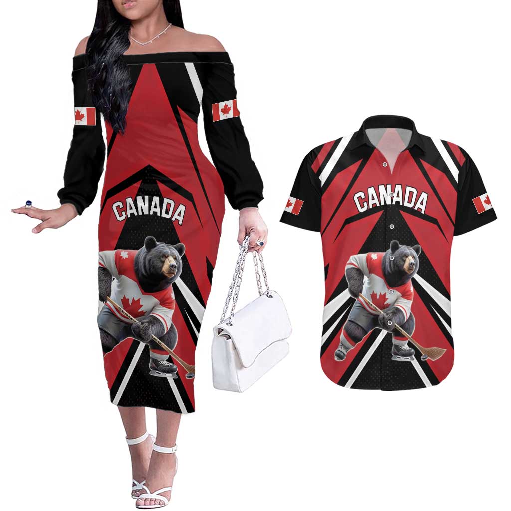 Custom Canada Hockey Couples Matching Off The Shoulder Long Sleeve Dress and Hawaiian Shirt Black Bear Playing Ice Hockey