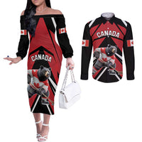 Custom Canada Hockey Couples Matching Off The Shoulder Long Sleeve Dress and Long Sleeve Button Shirt Black Bear Playing Ice Hockey