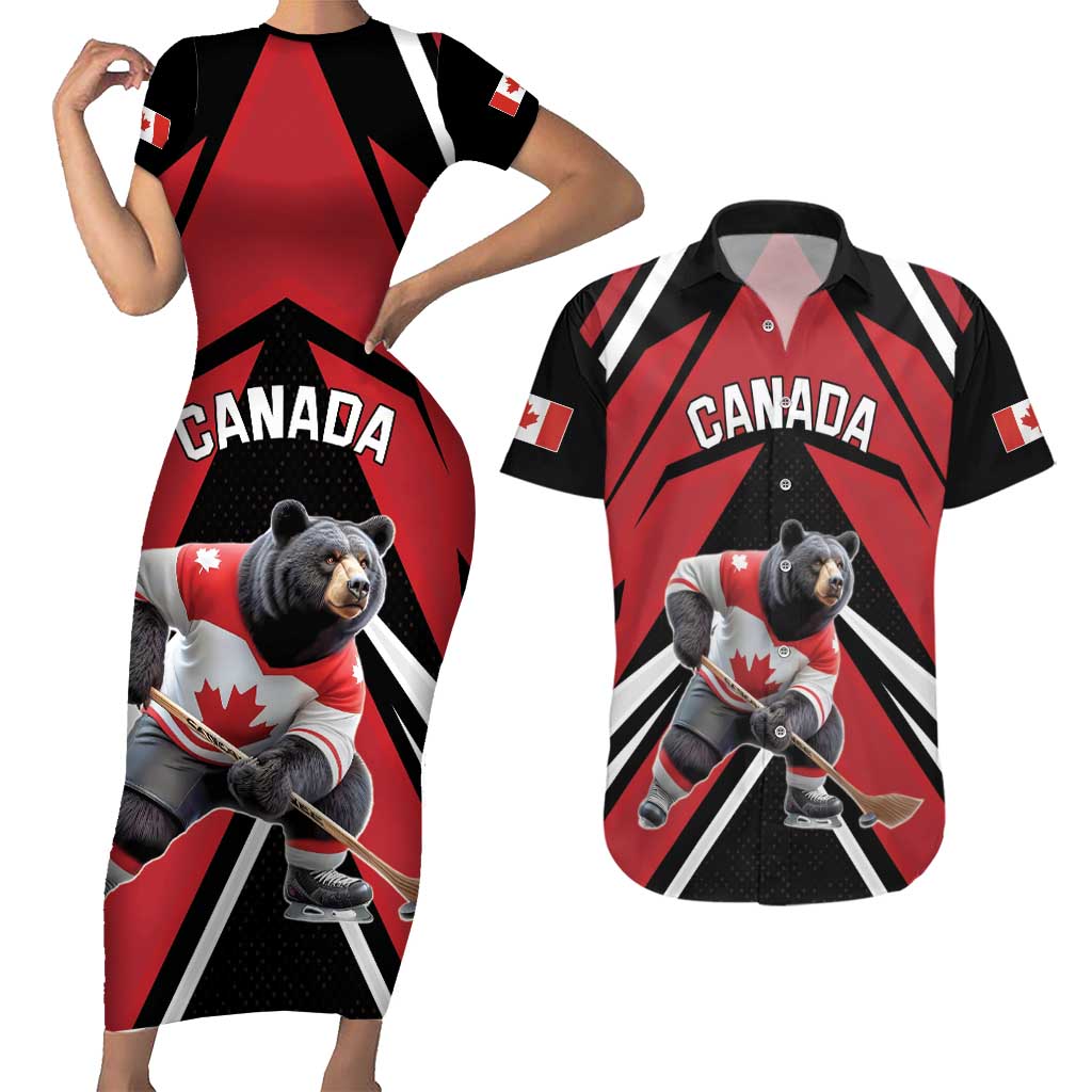 Custom Canada Hockey Couples Matching Short Sleeve Bodycon Dress and Hawaiian Shirt Black Bear Playing Ice Hockey