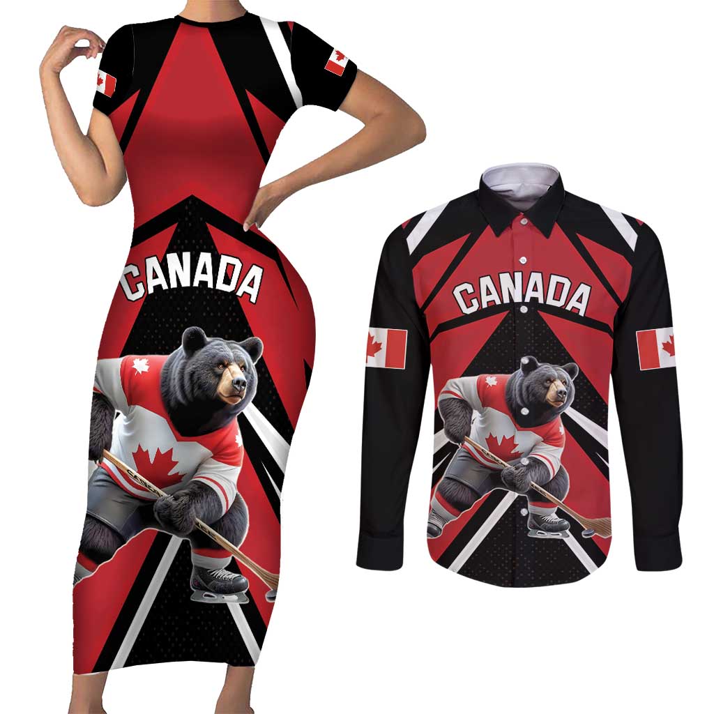 Custom Canada Hockey Couples Matching Short Sleeve Bodycon Dress and Long Sleeve Button Shirt Black Bear Playing Ice Hockey