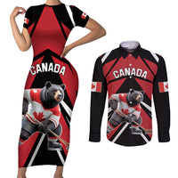 Custom Canada Hockey Couples Matching Short Sleeve Bodycon Dress and Long Sleeve Button Shirt Black Bear Playing Ice Hockey