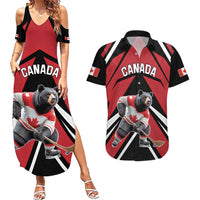 Custom Canada Hockey Couples Matching Summer Maxi Dress and Hawaiian Shirt Black Bear Playing Ice Hockey