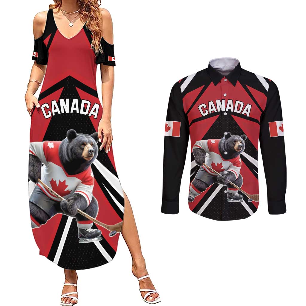 Custom Canada Hockey Couples Matching Summer Maxi Dress and Long Sleeve Button Shirt Black Bear Playing Ice Hockey