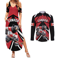 Custom Canada Hockey Couples Matching Summer Maxi Dress and Long Sleeve Button Shirt Black Bear Playing Ice Hockey