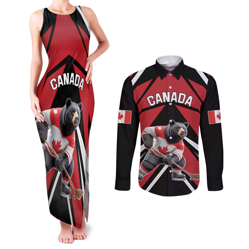 Custom Canada Hockey Couples Matching Tank Maxi Dress and Long Sleeve Button Shirt Black Bear Playing Ice Hockey