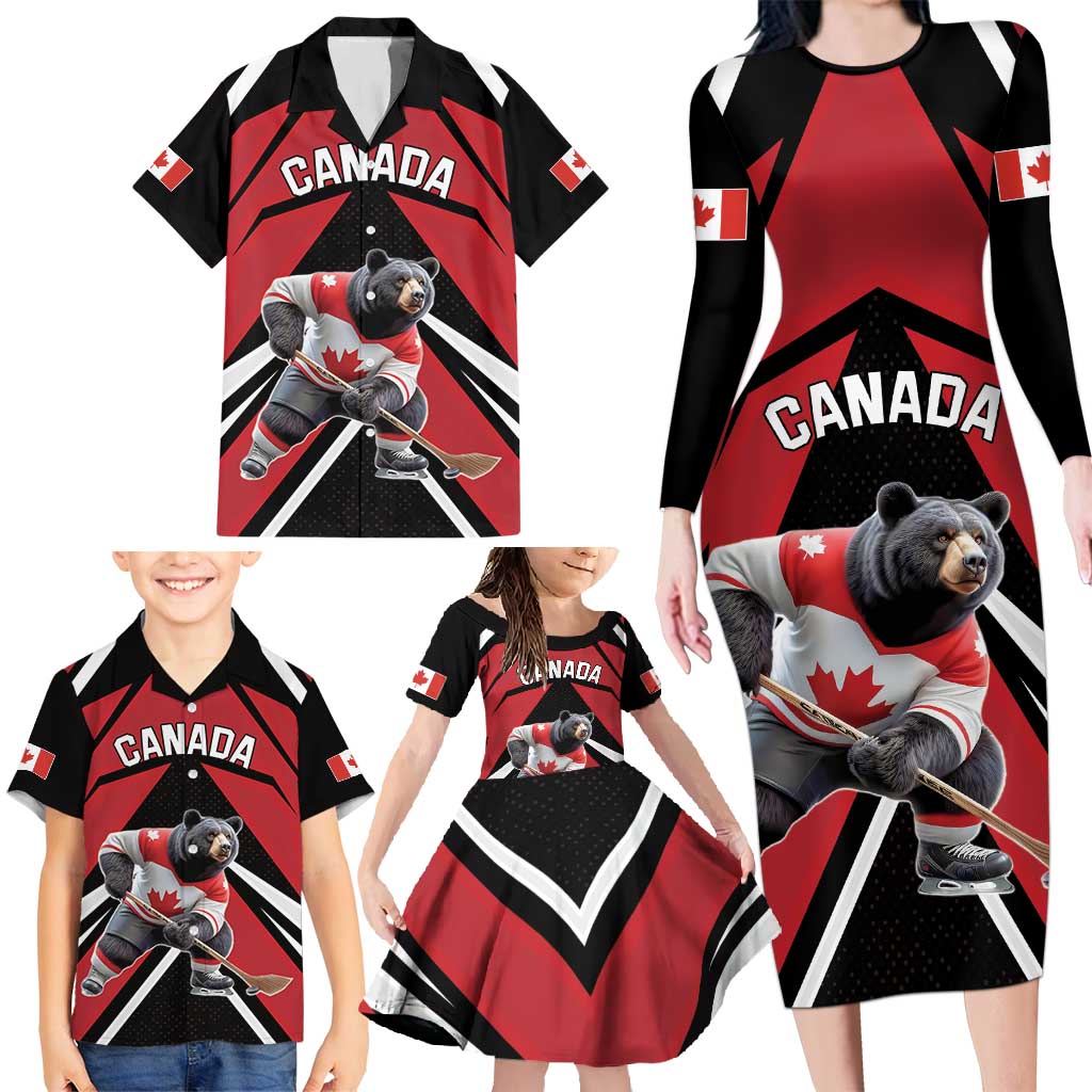 Custom Canada Hockey Family Matching Long Sleeve Bodycon Dress and Hawaiian Shirt Black Bear Playing Ice Hockey