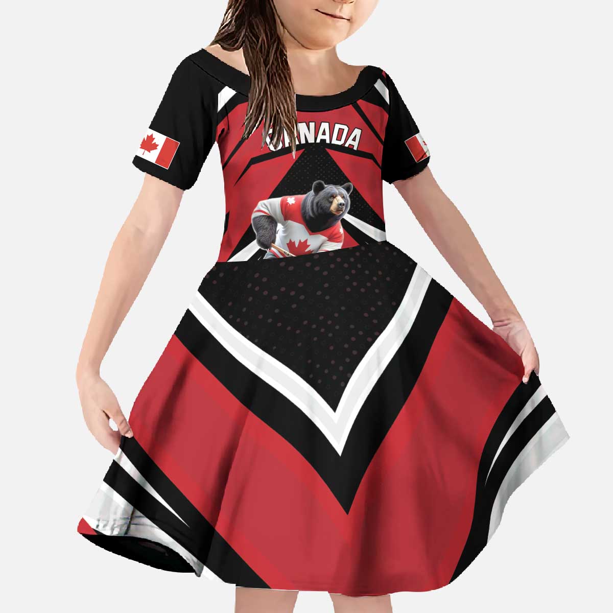 Custom Canada Hockey Family Matching Off The Shoulder Long Sleeve Dress and Hawaiian Shirt Black Bear Playing Ice Hockey