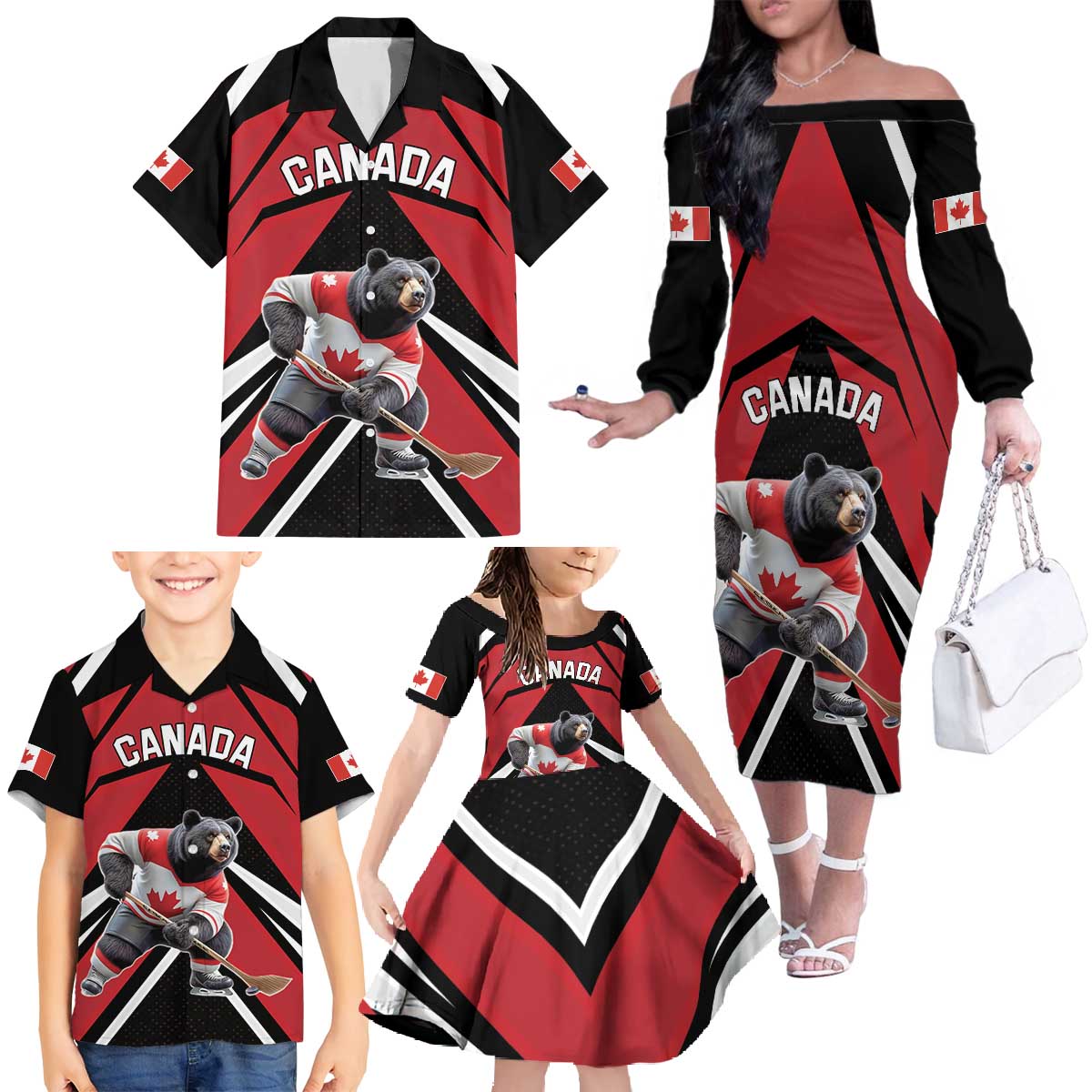 Custom Canada Hockey Family Matching Off The Shoulder Long Sleeve Dress and Hawaiian Shirt Black Bear Playing Ice Hockey