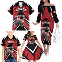 Custom Canada Hockey Family Matching Off The Shoulder Long Sleeve Dress and Hawaiian Shirt Black Bear Playing Ice Hockey