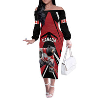 Custom Canada Hockey Family Matching Off The Shoulder Long Sleeve Dress and Hawaiian Shirt Black Bear Playing Ice Hockey