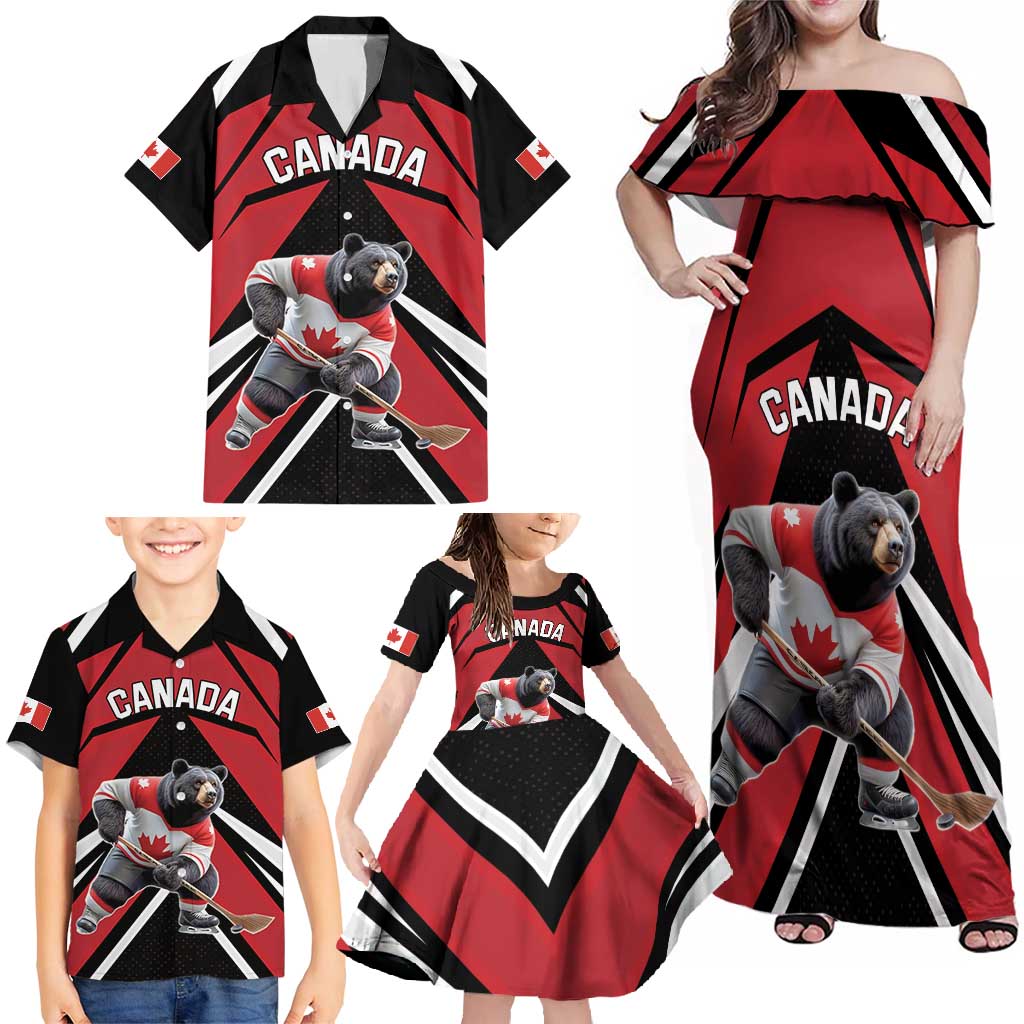 Custom Canada Hockey Family Matching Off Shoulder Maxi Dress and Hawaiian Shirt Black Bear Playing Ice Hockey
