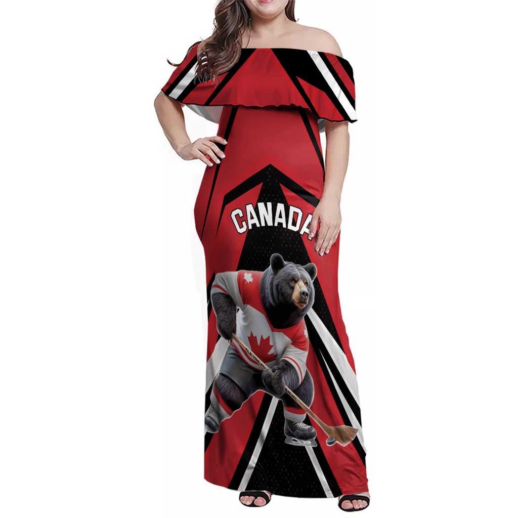 Custom Canada Hockey Family Matching Off Shoulder Maxi Dress and Hawaiian Shirt Black Bear Playing Ice Hockey