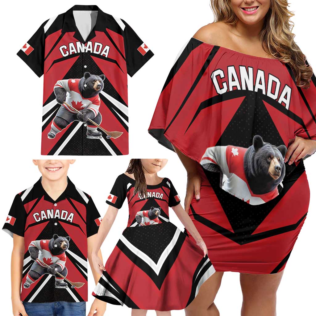 Custom Canada Hockey Family Matching Off Shoulder Short Dress and Hawaiian Shirt Black Bear Playing Ice Hockey