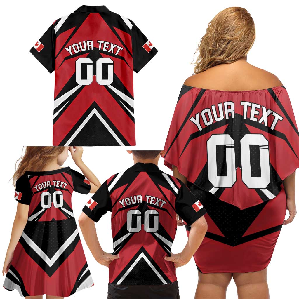 Custom Canada Hockey Family Matching Off Shoulder Short Dress and Hawaiian Shirt Black Bear Playing Ice Hockey