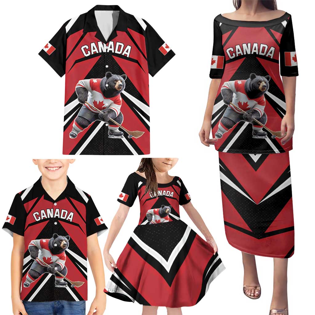 Custom Canada Hockey Family Matching Puletasi and Hawaiian Shirt Black Bear Playing Ice Hockey