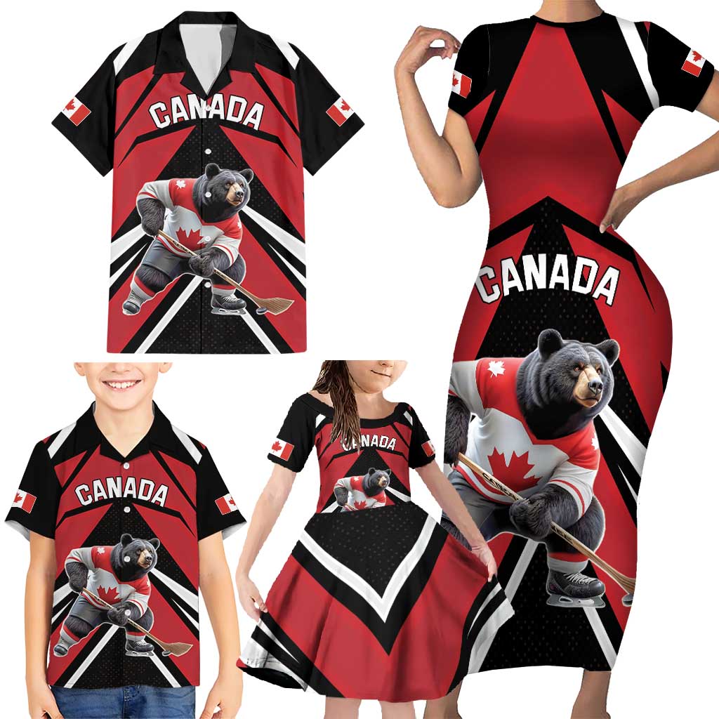 Custom Canada Hockey Family Matching Short Sleeve Bodycon Dress and Hawaiian Shirt Black Bear Playing Ice Hockey