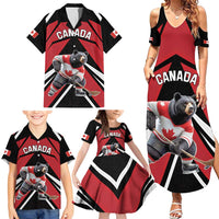 Custom Canada Hockey Family Matching Summer Maxi Dress and Hawaiian Shirt Black Bear Playing Ice Hockey