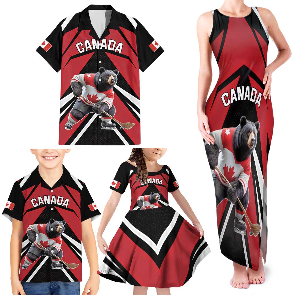 Custom Canada Hockey Family Matching Tank Maxi Dress and Hawaiian Shirt Black Bear Playing Ice Hockey