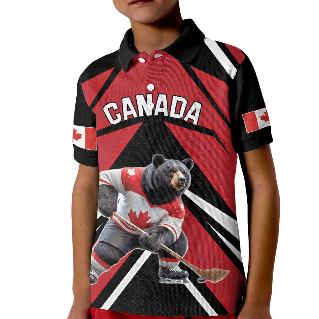 Custom Canada Hockey Kid Polo Shirt Black Bear Playing Ice Hockey